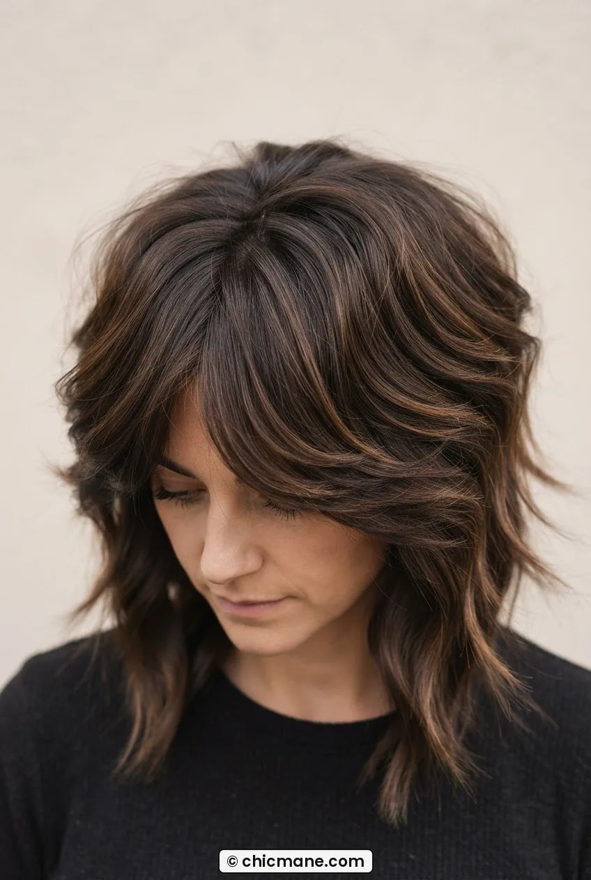 Overhead shot of woman with medium-length shag cut showing curtain layers stacking outward from crown for a wide silhouette
