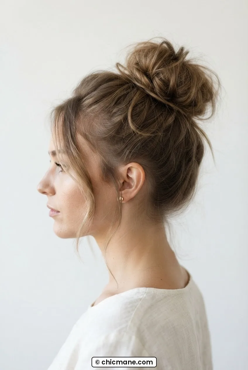 Woman with a messy ballerina bun high on the crown showing intentional piecey strands at the temples