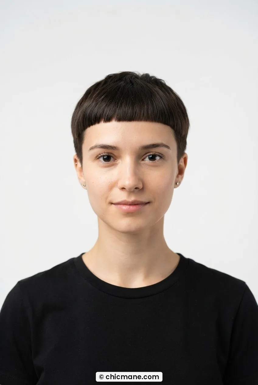 Woman with micro French crop and precise blunt fringe sitting just above the eyebrows in straight-on beauty catalogue portrait