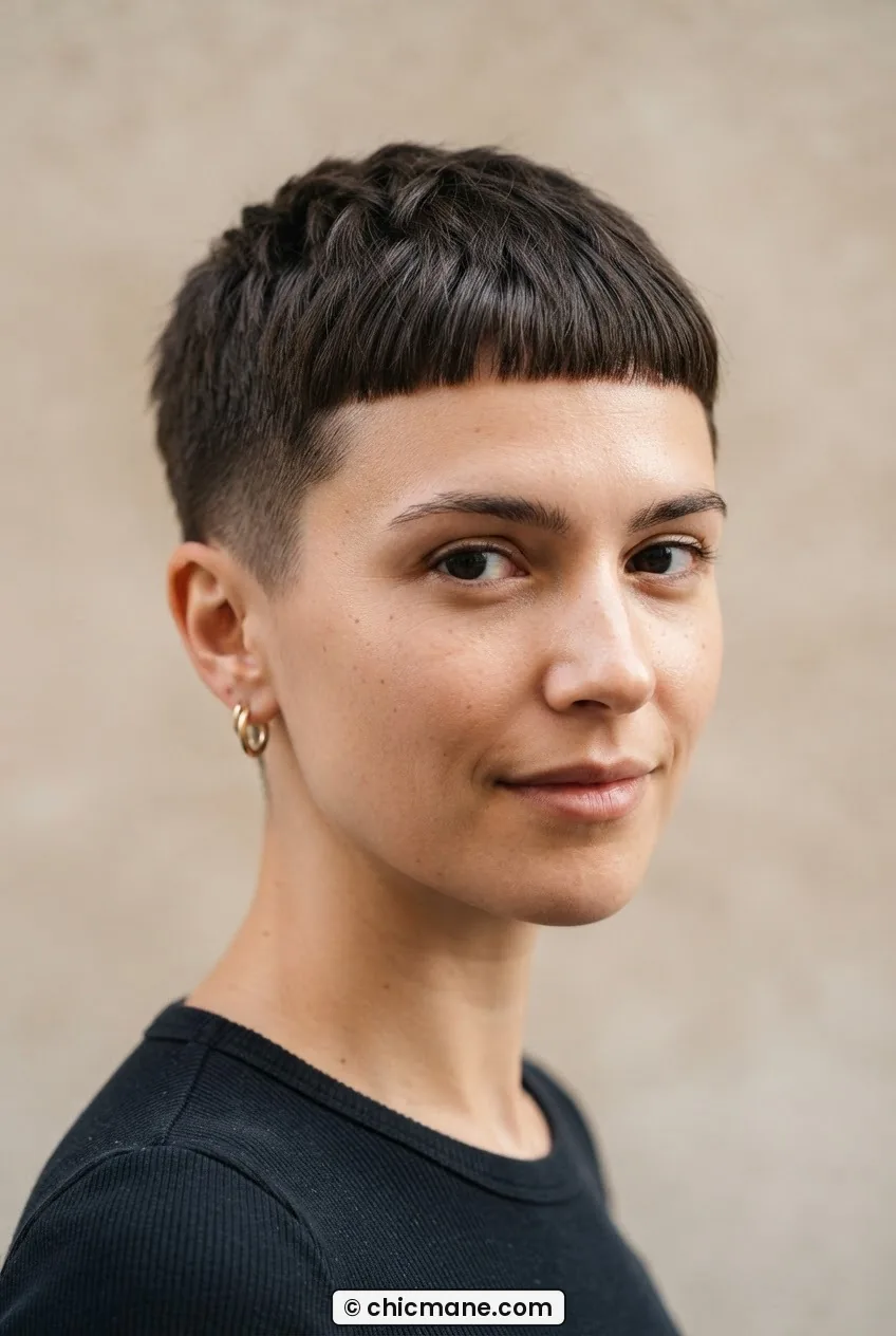 Woman with micro fringe crop cut just above eyebrow level against beige backdrop with soft frontal studio light