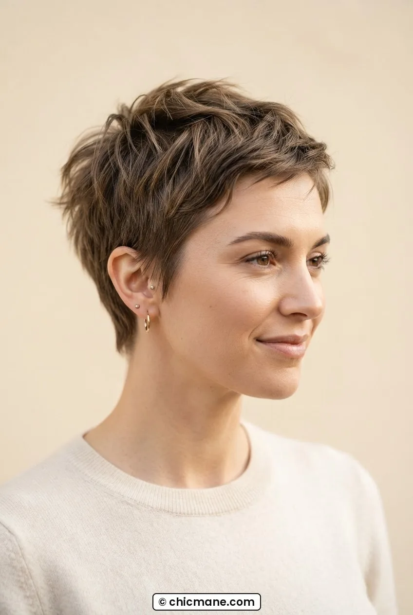 Woman with micro-layer pixie cut, crown showing movement and lift under soft warm light, plain oat backdrop, tight framing