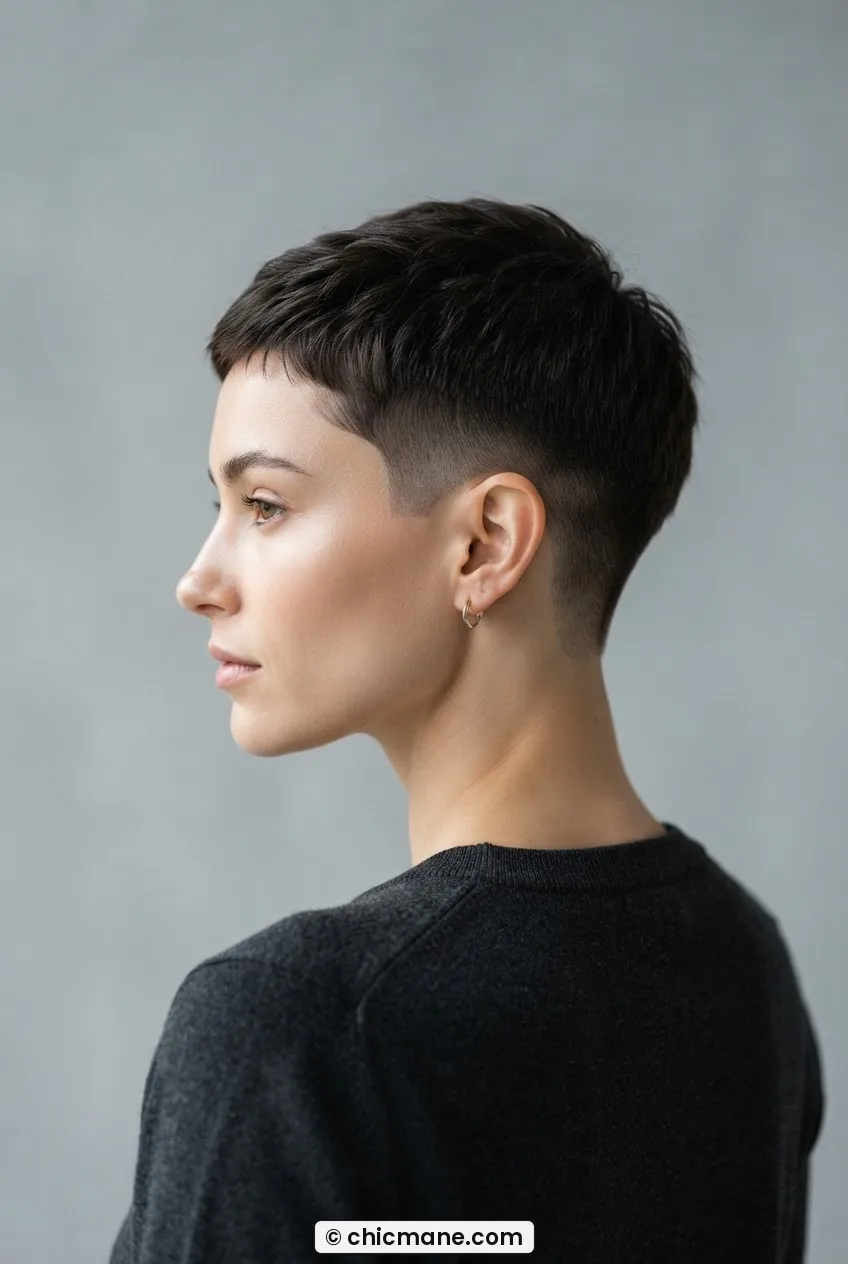 Woman with micro pixie cut showing extremely close-tapered nape and sculptural shape in soft grey studio light