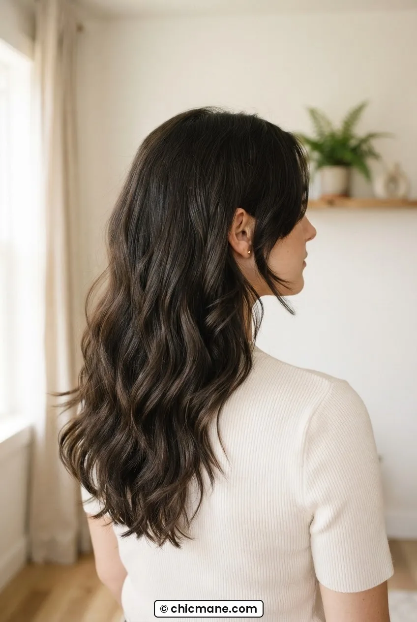 Back three quarter view of woman with thick mid-back length layered hair showing soft movement and full depth of grown-out layers