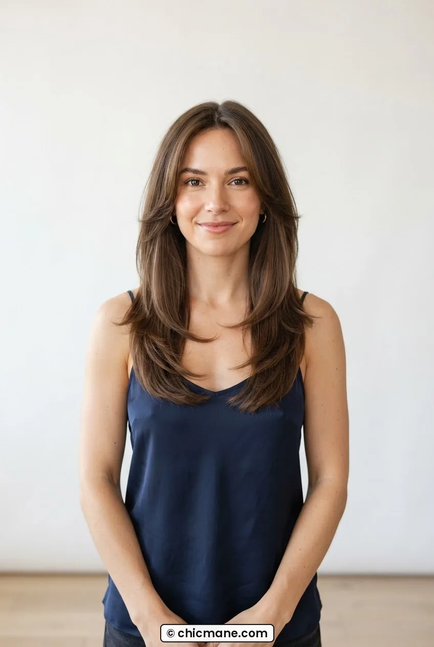 Woman with mid-back length hair and subtle face-framing layers in straight-on symmetrical beauty catalogue portrait