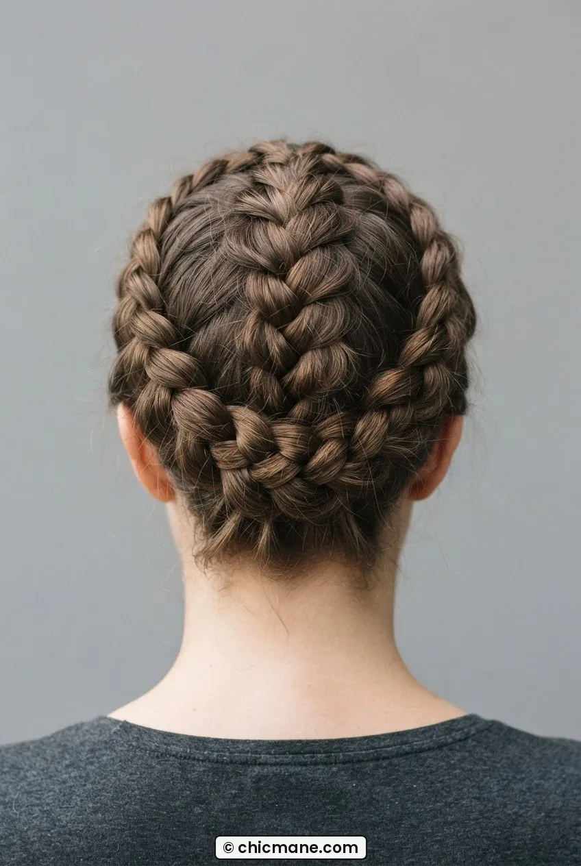 Back view of a woman's stacked milkmaid crown braid with two Dutch braids meeting at the center top of the head