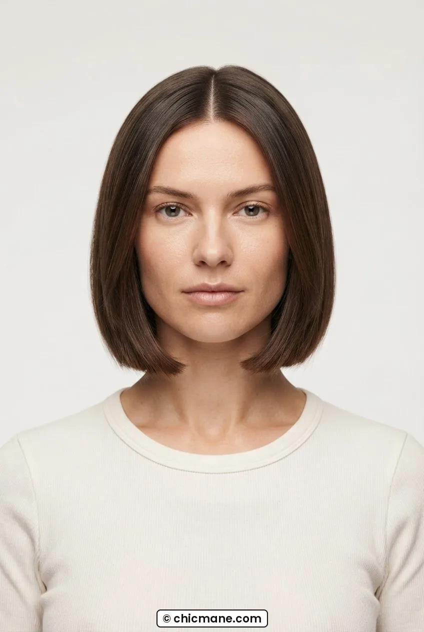 Woman with minimal collarbone bob natural center part and no fringe in clean sculptural symmetrical beauty portrait