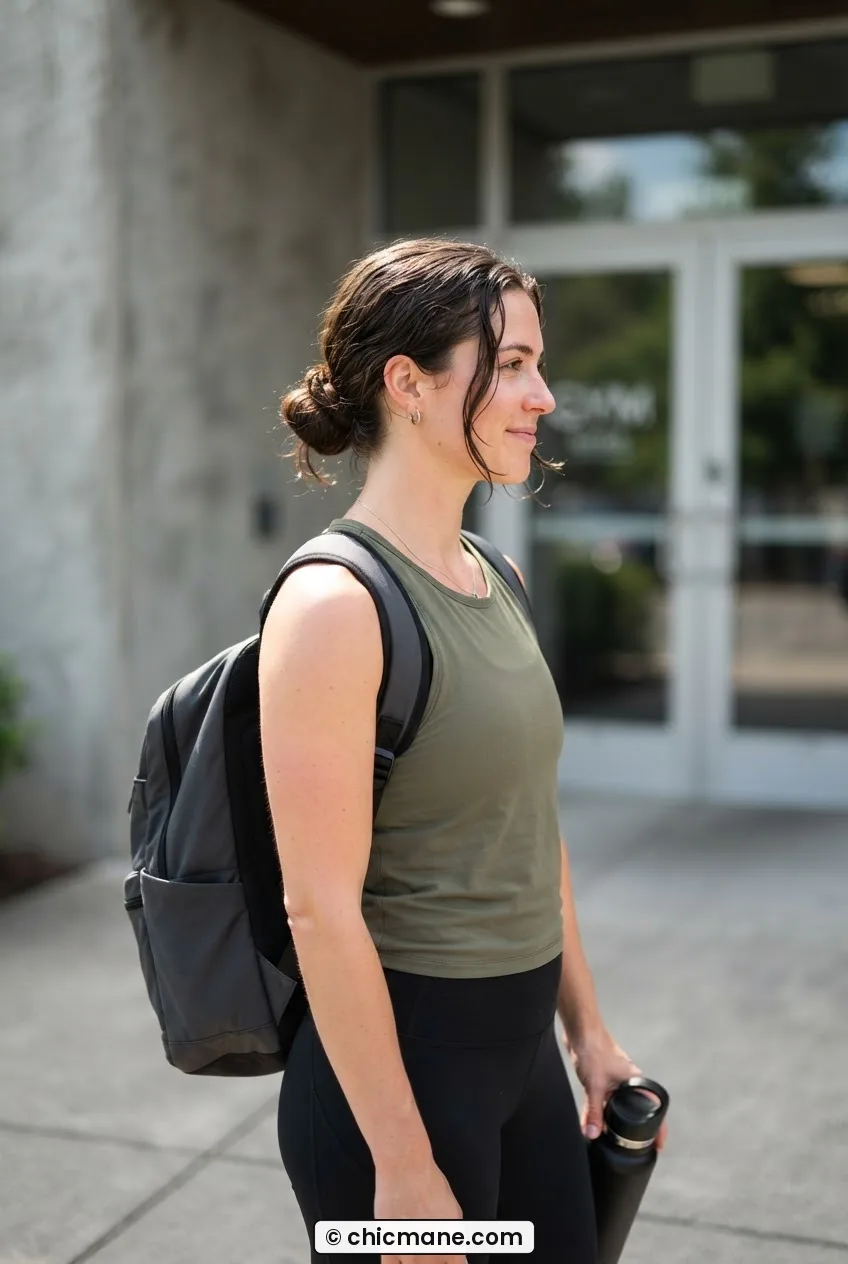 Woman with low nape bun and face-framing tendrils standing outside gym entrance in bright daylight