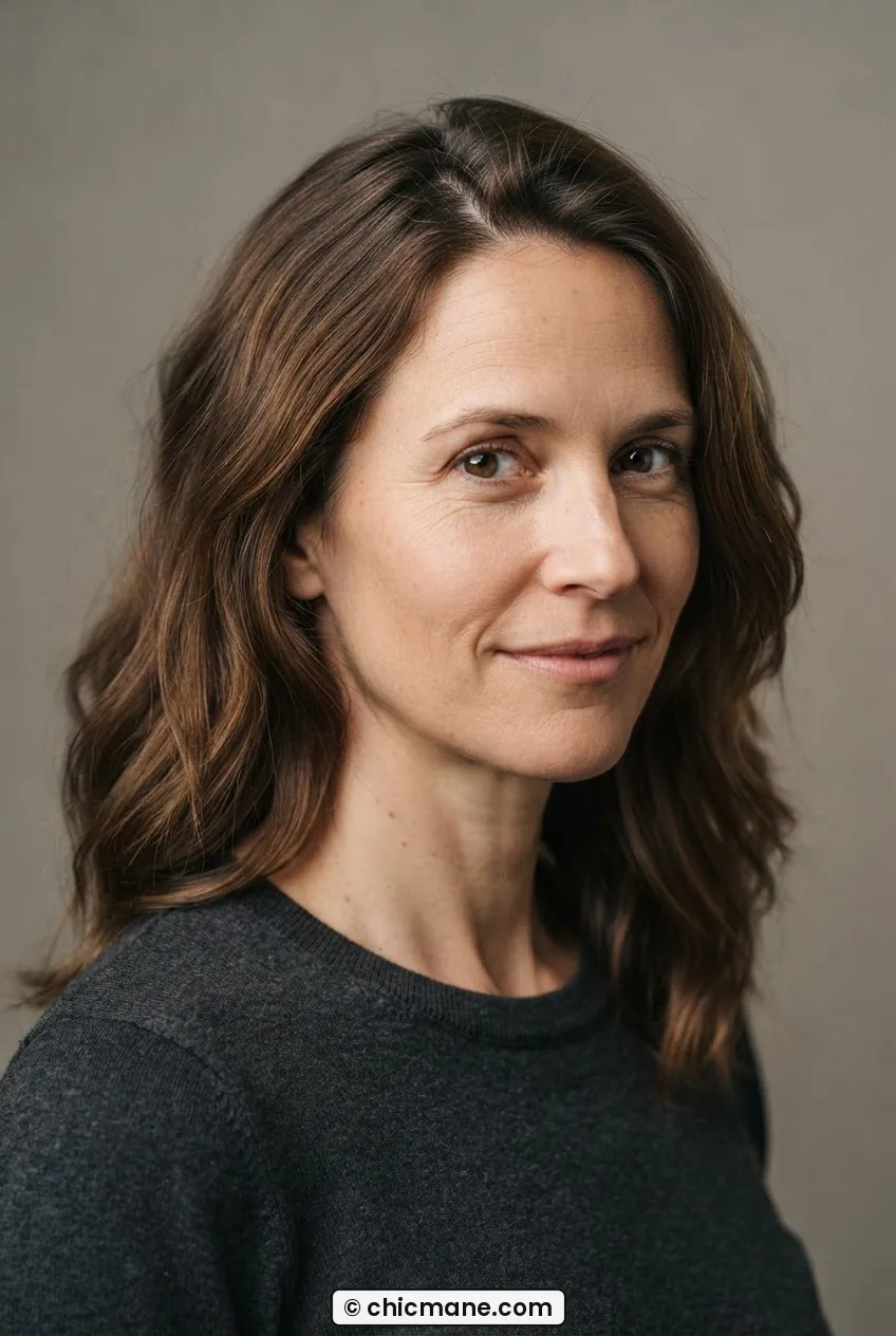 Woman with medium length hair showing a visible natural cowlick at the crown under studio lighting