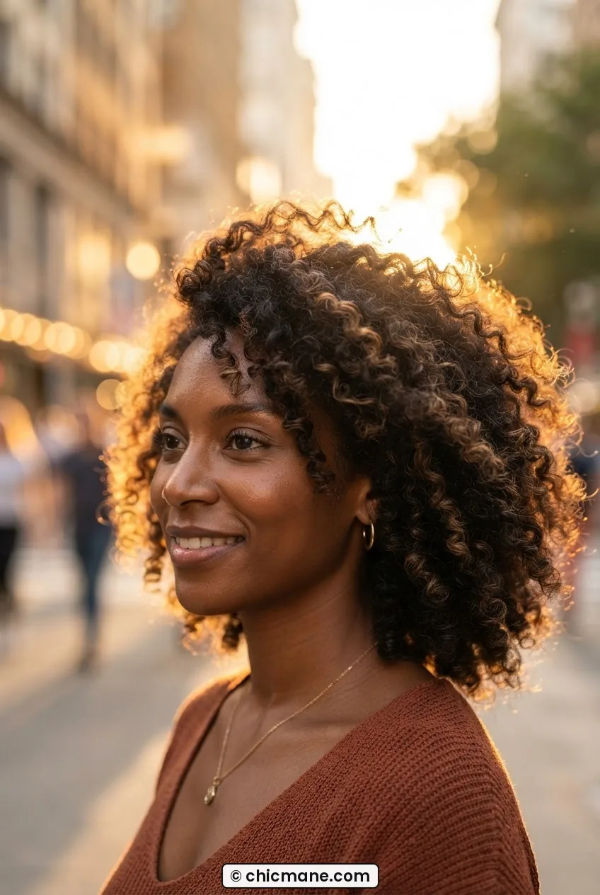 Woman with rich natural curls full of texture and definition illuminated by warm golden hour backlight