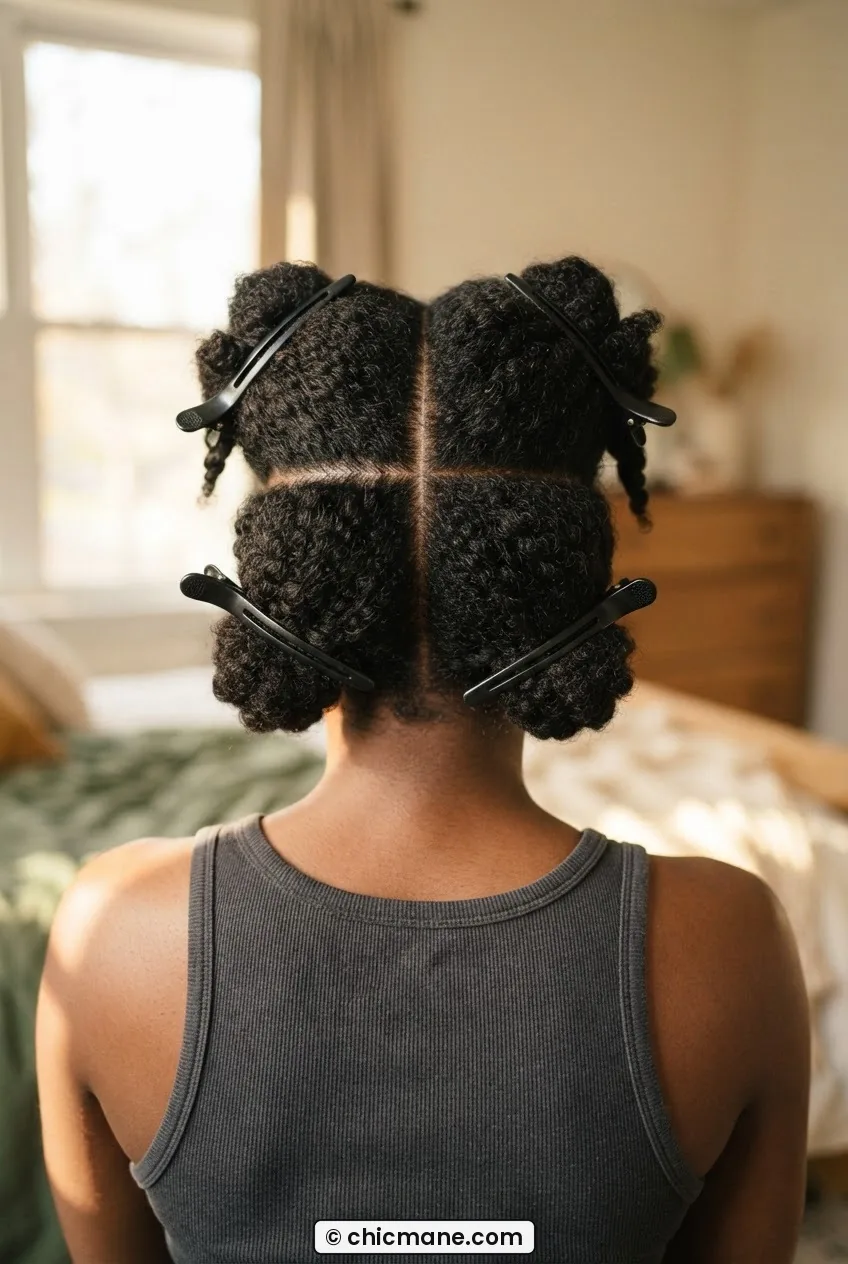 Back view of woman's natural 4C hair divided into four quadrant sections clipped away from each other