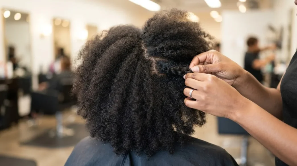Woman in salon chair with dry natural 4C hair, hands pressing temples to demonstrate reading growth direction at root