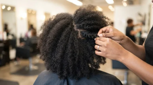 Woman in salon chair with dry natural 4C hair, hands pressing temples to demonstrate reading growth direction at root