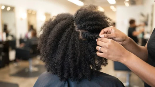 Woman in salon chair with dry natural 4C hair, hands pressing temples to demonstrate reading growth direction at root