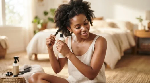 Woman on sunlit bedroom floor holding shampoo bottle while preparing to section her 4C coily natural hair before washing
