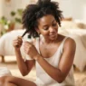 Woman on sunlit bedroom floor holding shampoo bottle while preparing to section her 4C coily natural hair before washing