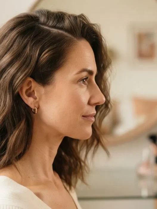 Woman at bright dressing corner with hair freshly settled showing natural off-centre parting line