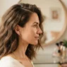 Woman at bright dressing corner with hair freshly settled showing natural off-centre parting line