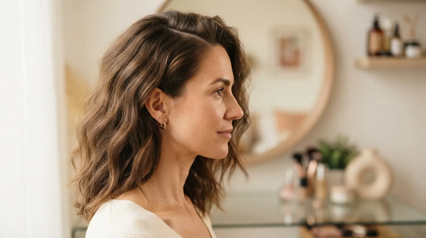 Woman at bright dressing corner with hair freshly settled showing natural off-centre parting line