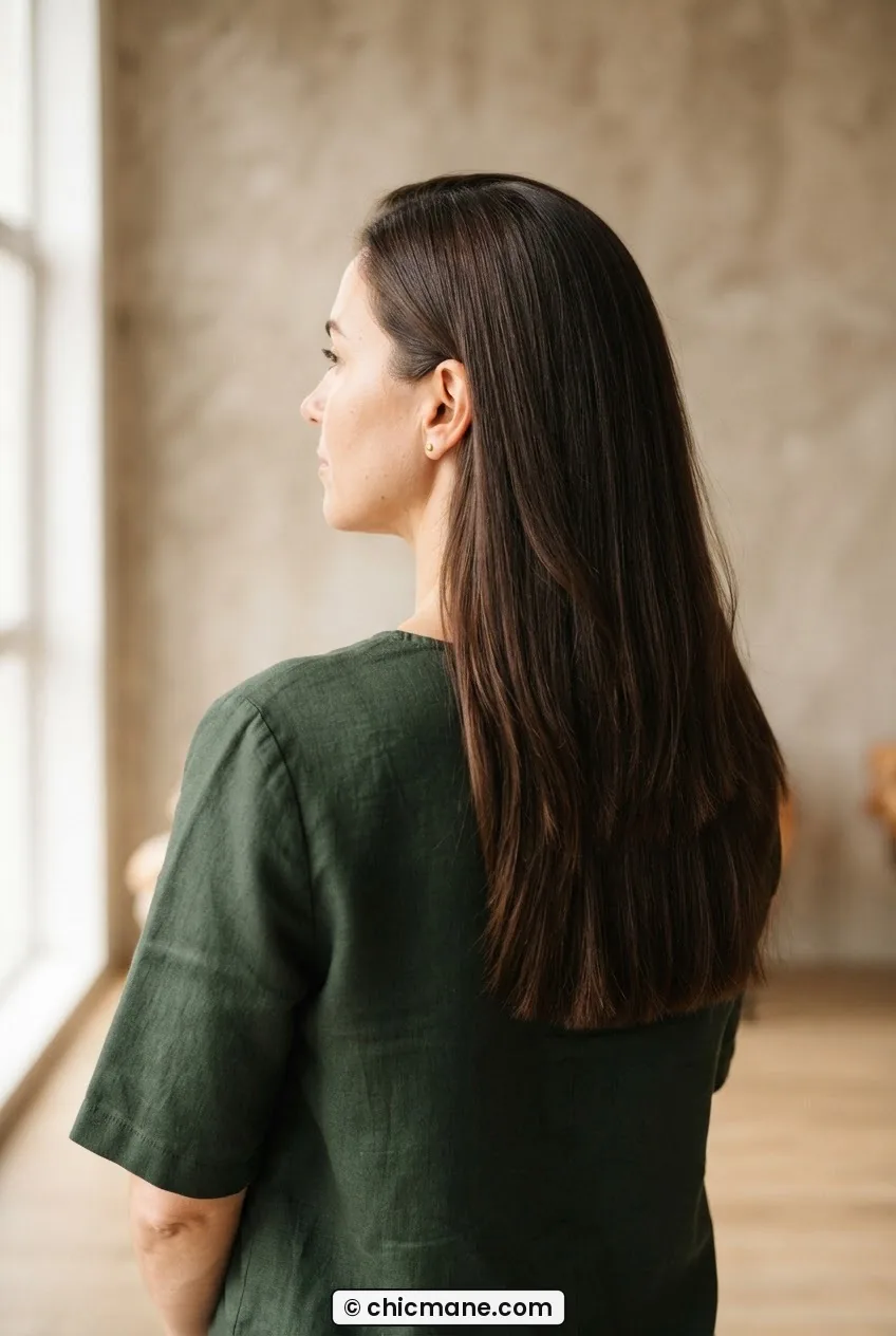 Woman with a one-length blunt mid-back cut on thick hair catching side lighting on the clean ends