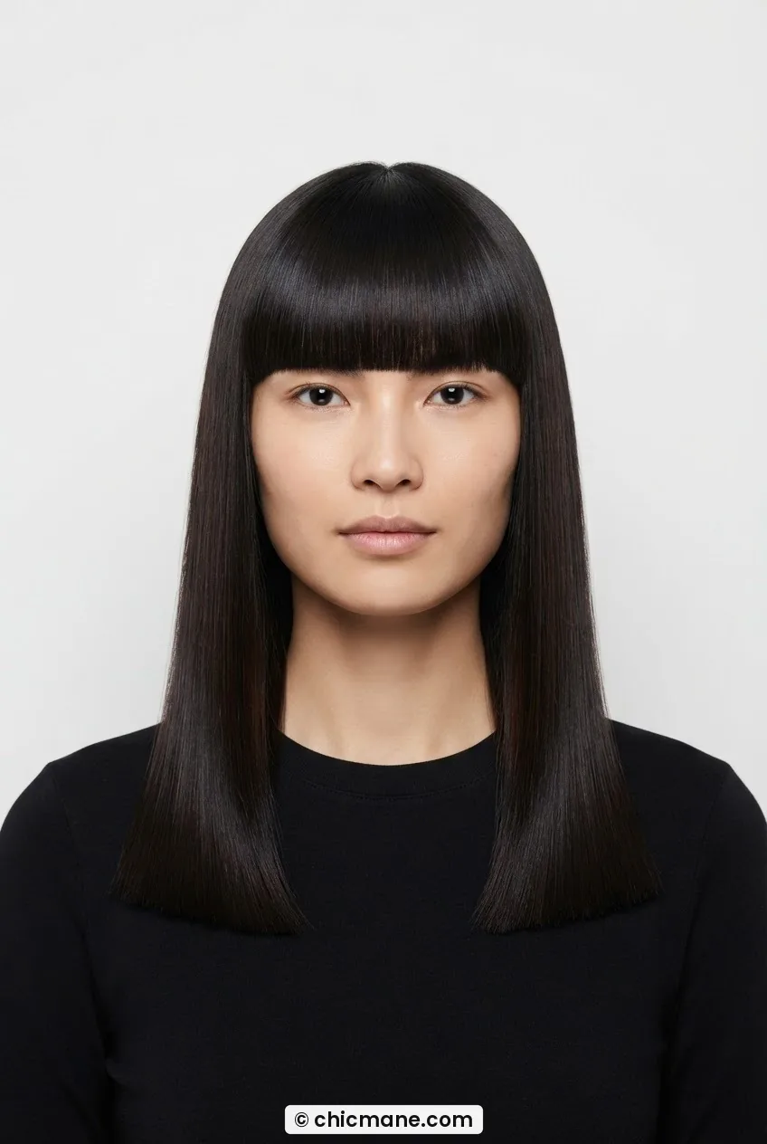 Woman with bone-straight long hair and blunt straight-across eyebrow fringe in geometric haircut
