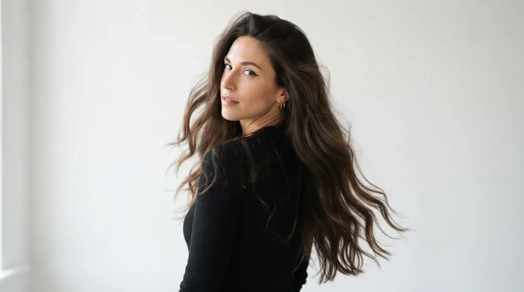 Woman with long dark open hair looking back over shoulder showing full volume and movement against white backdrop