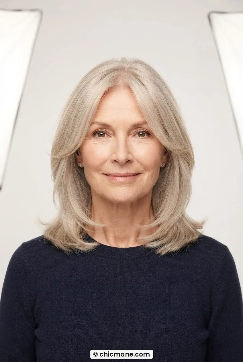 Woman in her sixties with soft silver-blonde layered collarbone cut with face-framing pieces