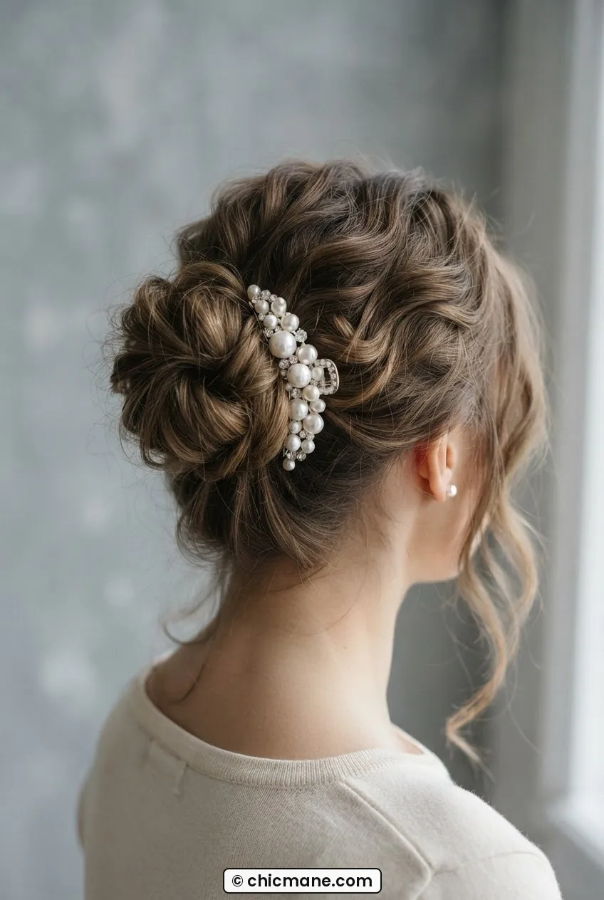 Woman wearing pearl-embellished clip anchoring soft messy bun updo, diffused indoor light against muted grey wall