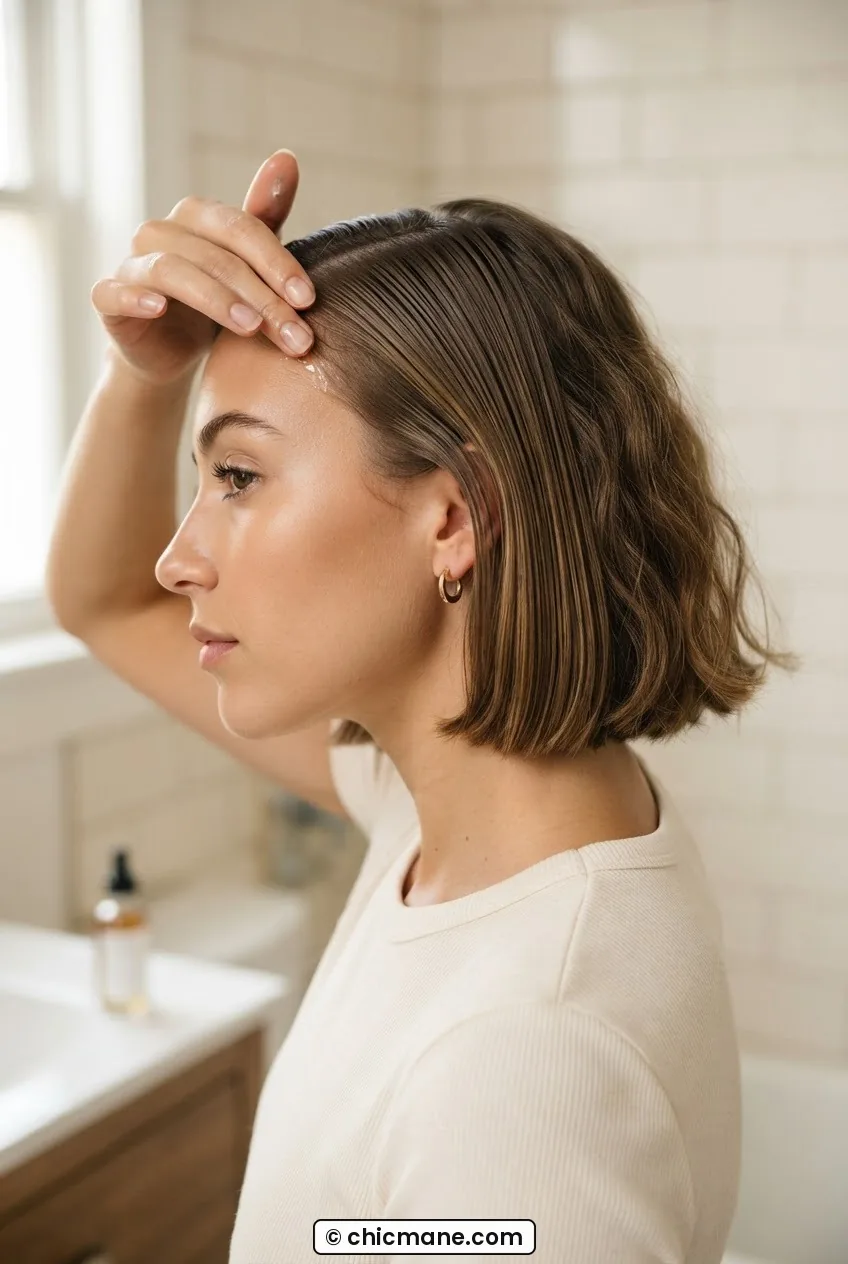 Woman smoothing perimeter hairline hairs at the temple using fingertip application of lightweight finishing serum
