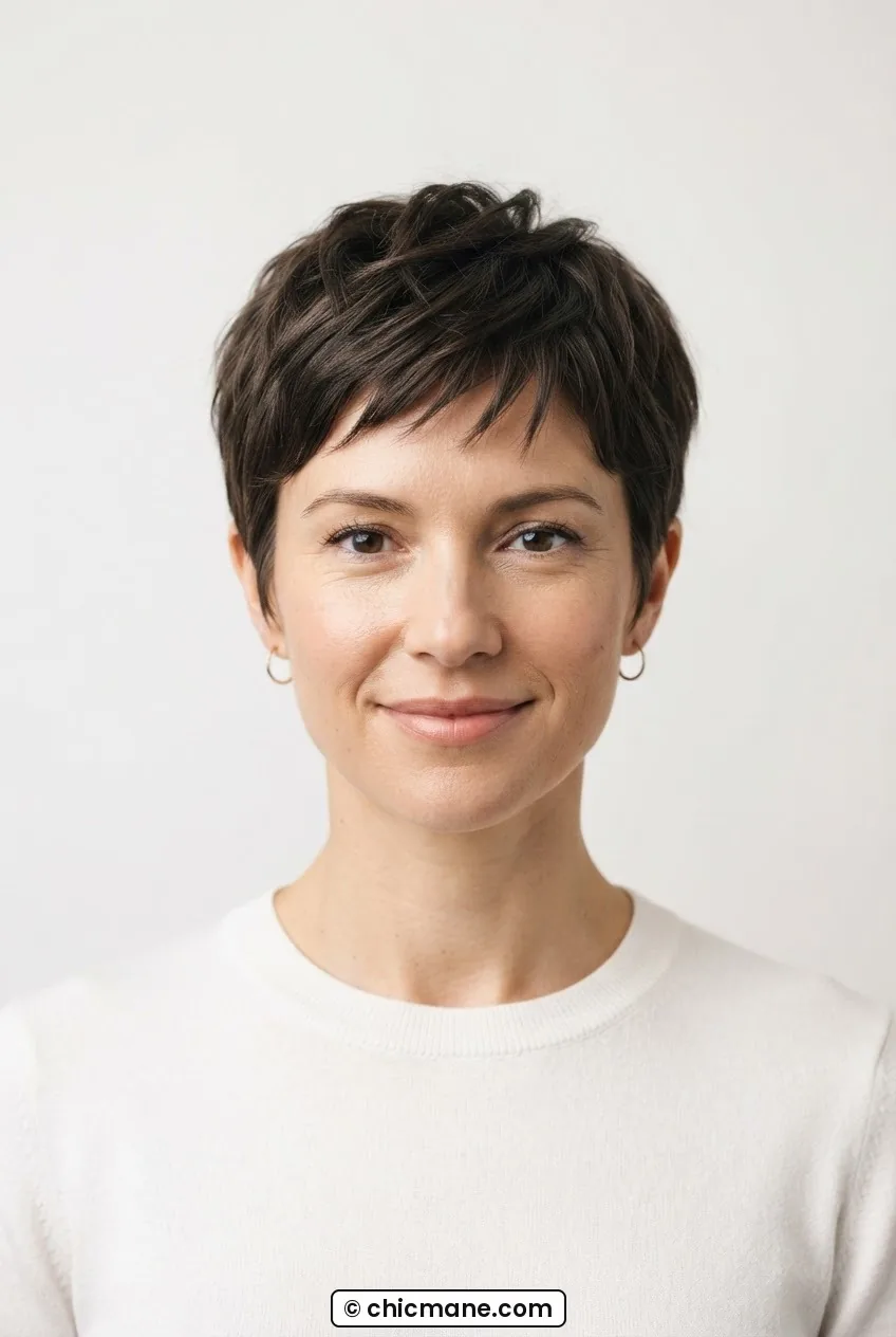 Woman with soft textured pixie cut featuring wispy temple pieces and piecey layers on top lit evenly against white backdrop
