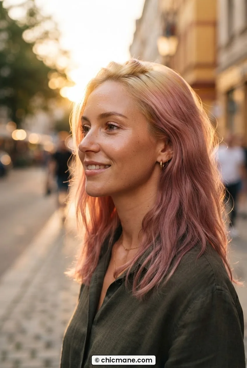 Woman with pink hair mid-correction showing soft dusty rose lengths and warmer blonde roots in outdoor light