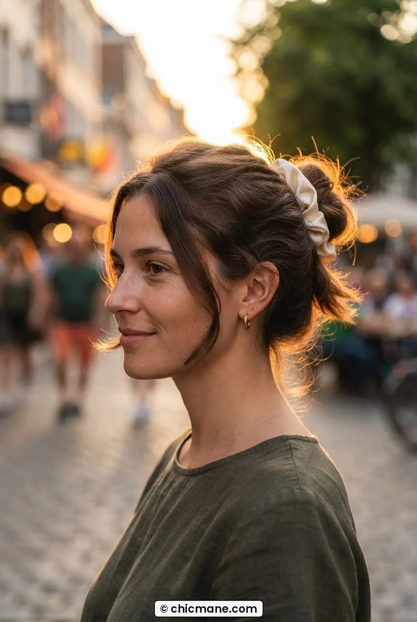 Woman with pink hair in a loose protective updo with a scrunchie during colour recovery at golden hour