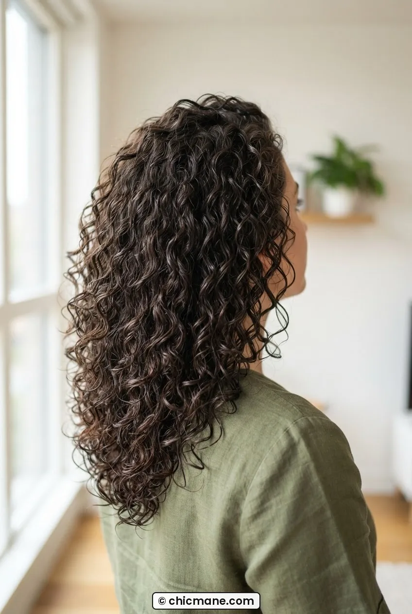 Back three quarter view of woman with thick curly hair freshly released from plopping showing defined moist coils