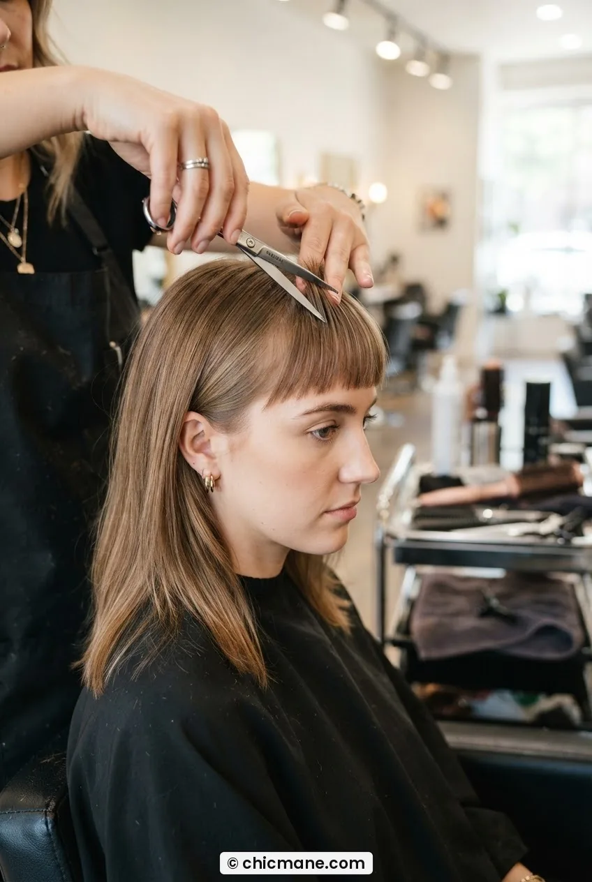 Woman at salon station with scissors turned vertically making point-cut snips along the lower edge of the fringe