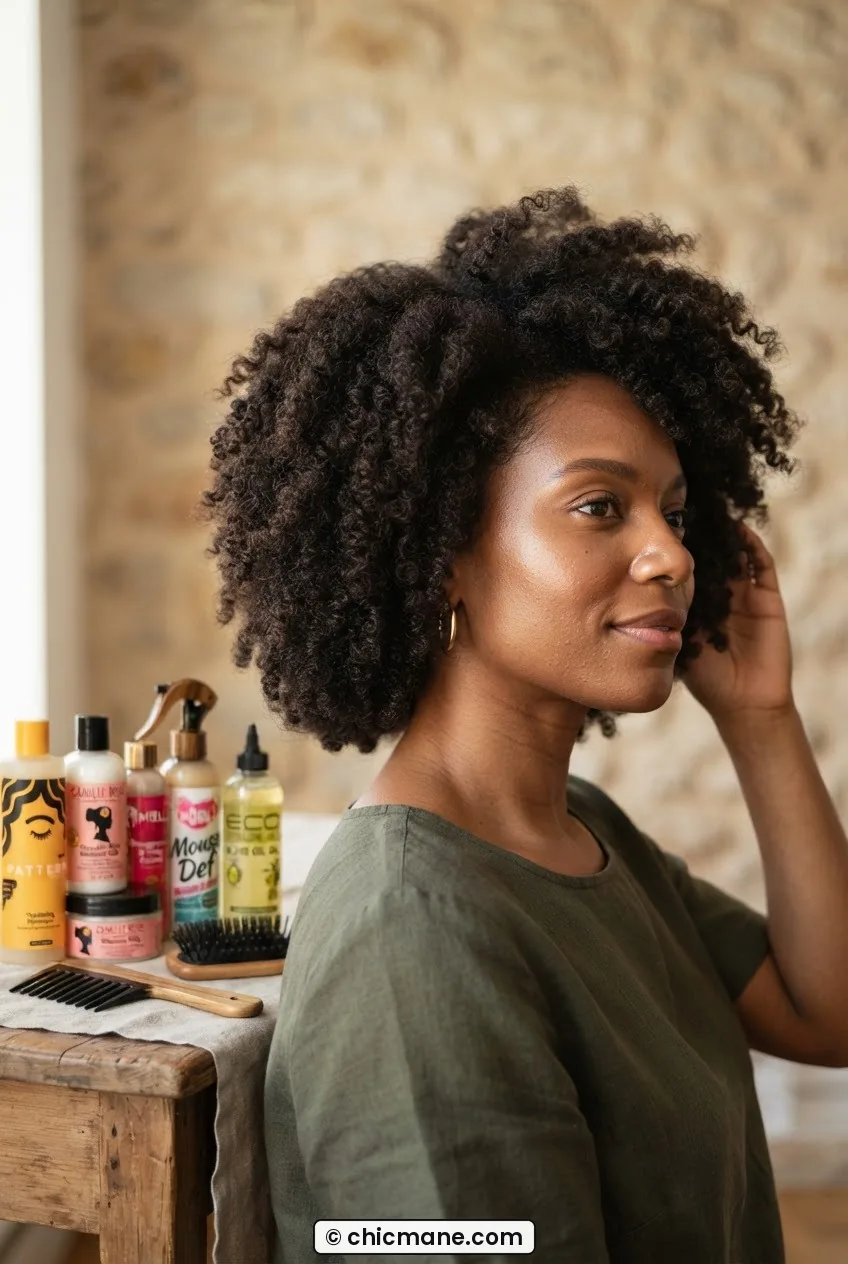 Woman with 4B natural hair freshly styled and defined showing product-layered result against a plain warm stone backdrop
