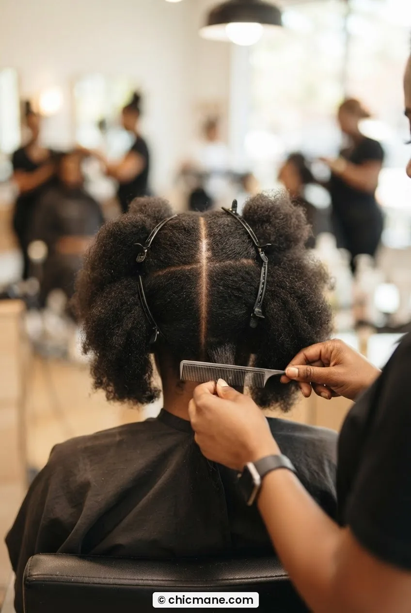 Single clean rat-tail comb parting through natural hair with sections clipped away on either side ready for braiding