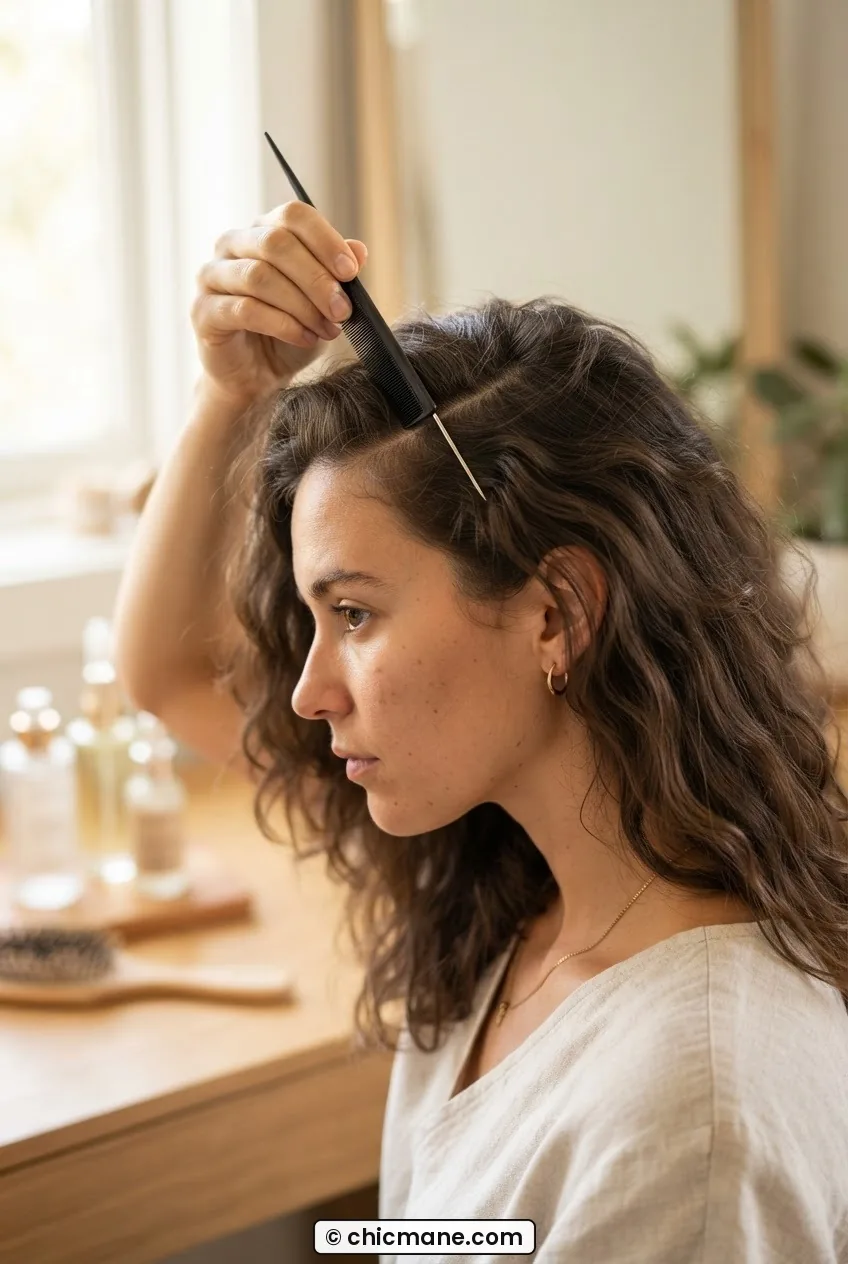 Woman using rat-tail comb to trace natural parting line through loose unstyled hair