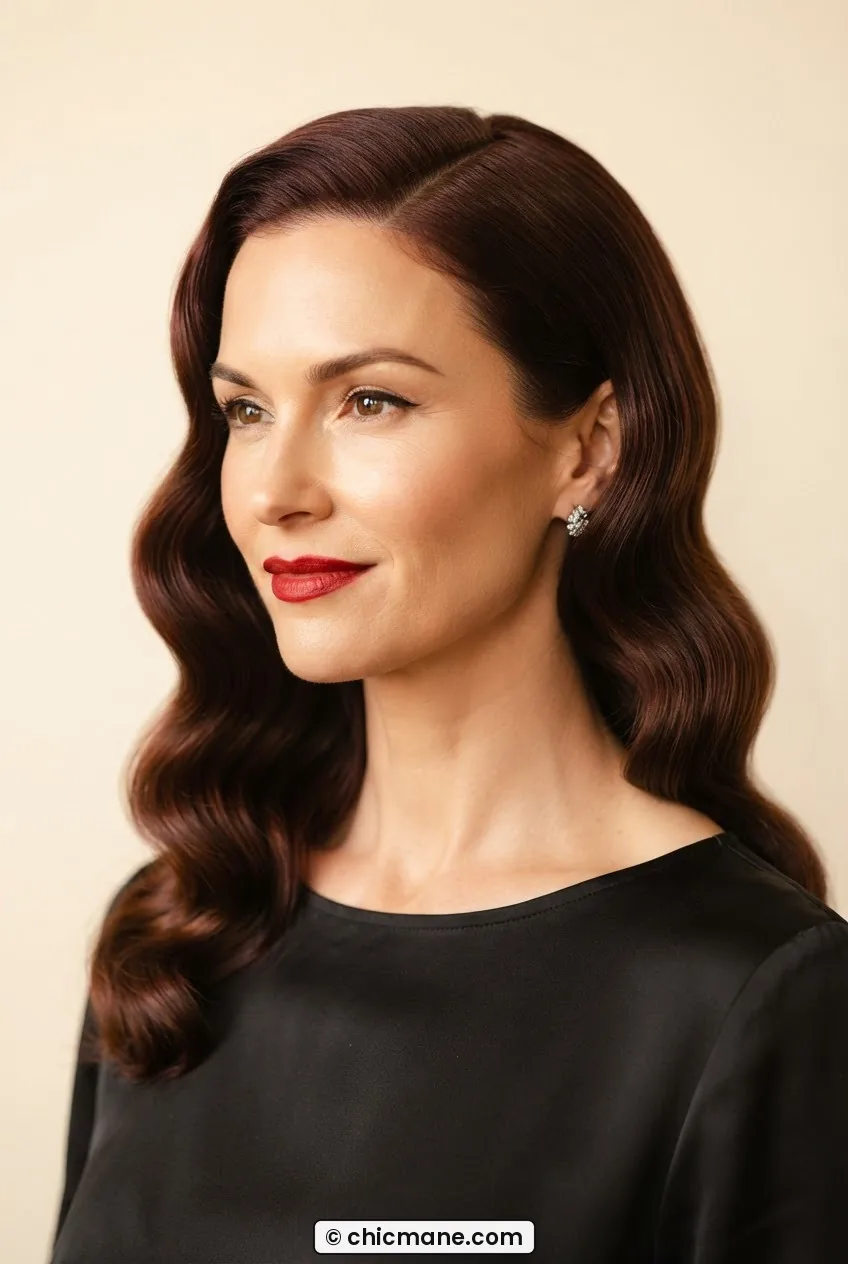 Woman with retro old-Hollywood S-wave hairstyle featuring a deep side part and glossy set waves past the shoulders