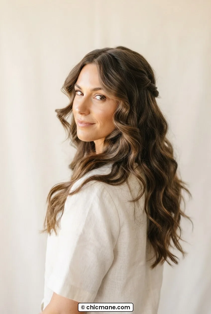 Woman with long wavy hair in romantic open style with S-waved front pieces and small twisted sections pinned invisibly at sides