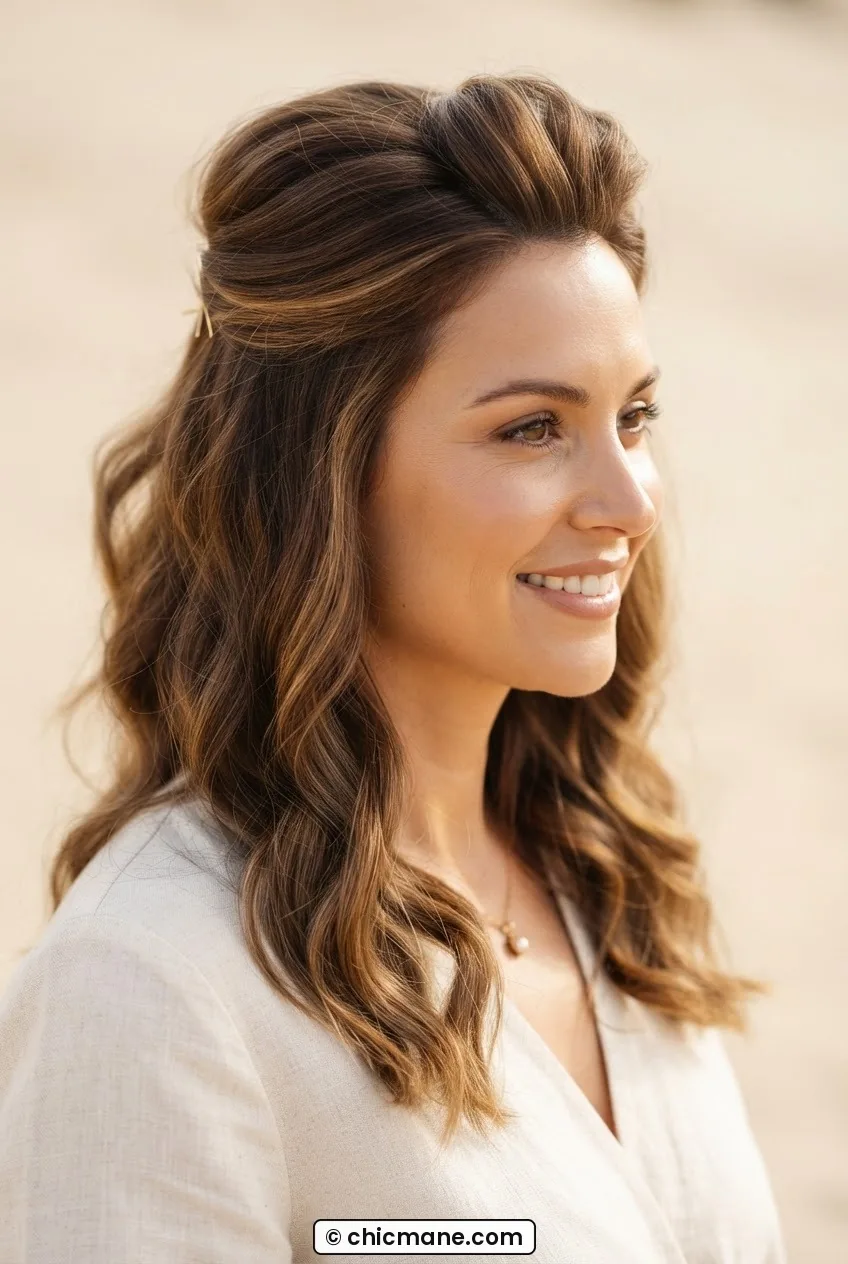 Woman with root-lifted half-up hairstyle, soft crown volume, loose waves below, warm directional light from the left