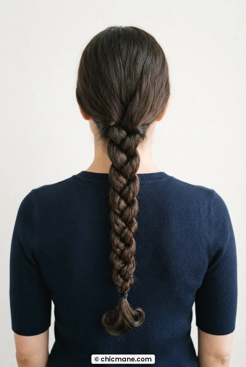 Back view of a woman's rope braid with two sections spiraling tightly down the full length of her back in soft lighting
