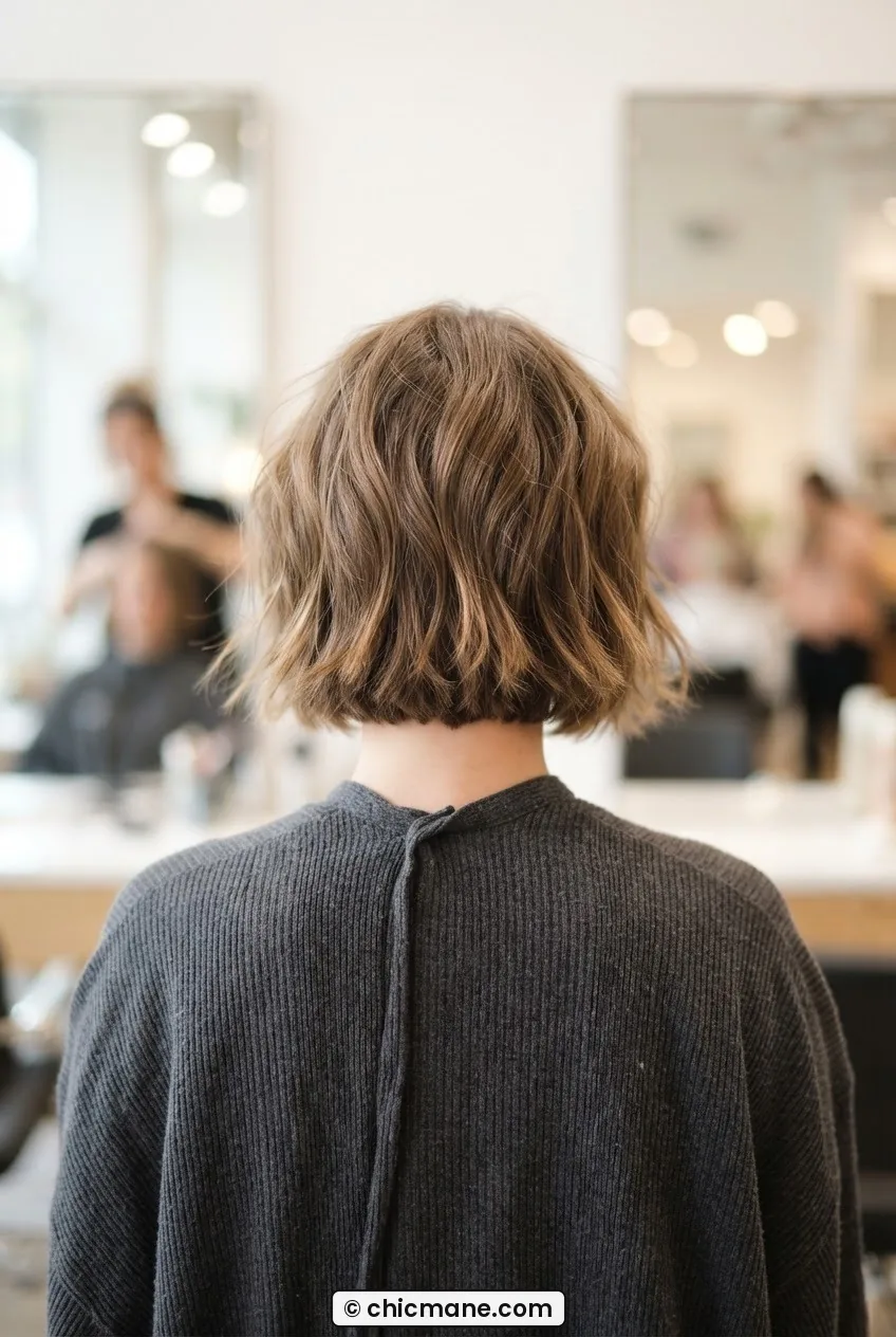 Back view of woman with short bob hair at rough-dry stage showing natural fall pattern before styling tools, salon setting