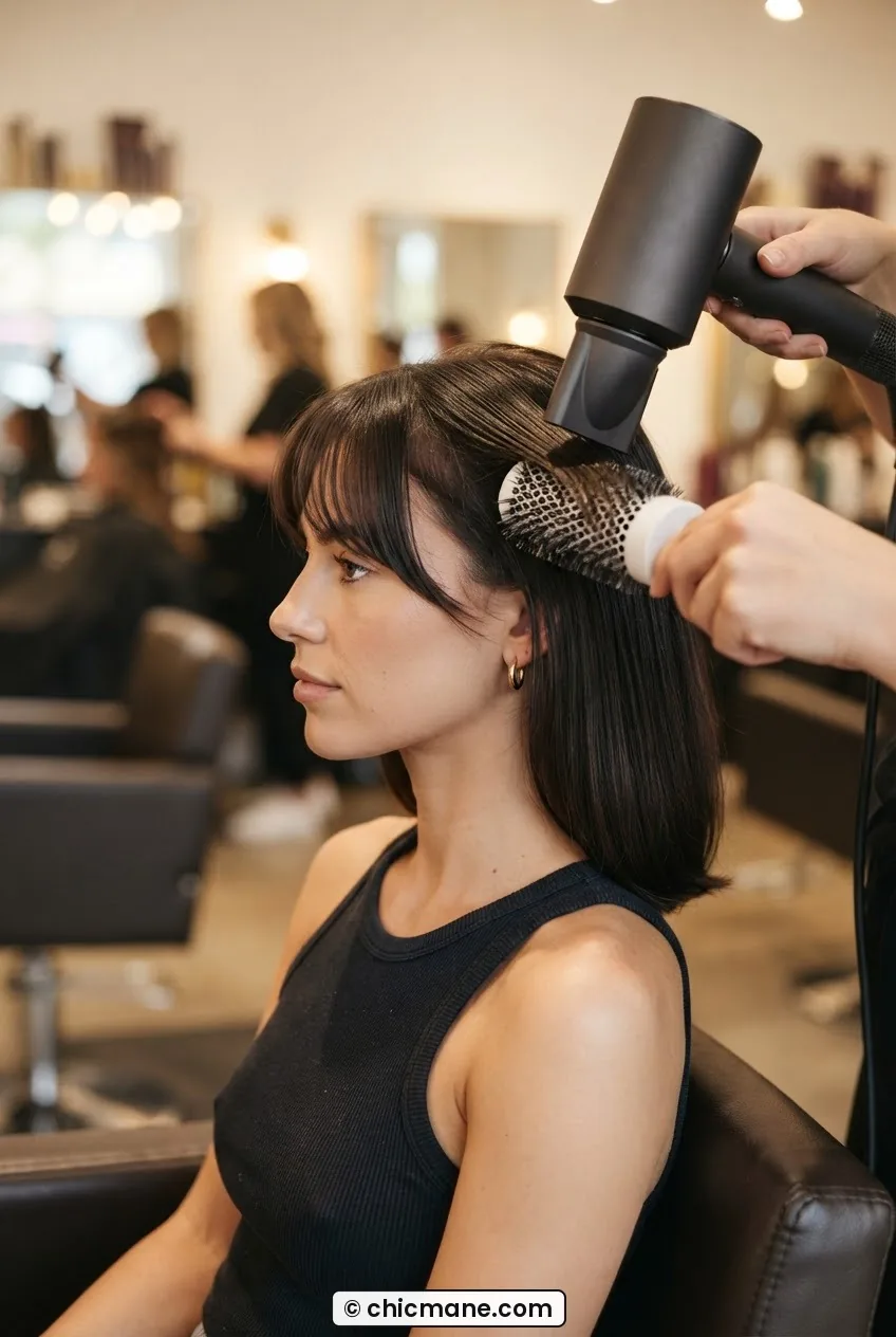Woman in salon chair with small round brush held under fringe section during slow-version blow-dry prep