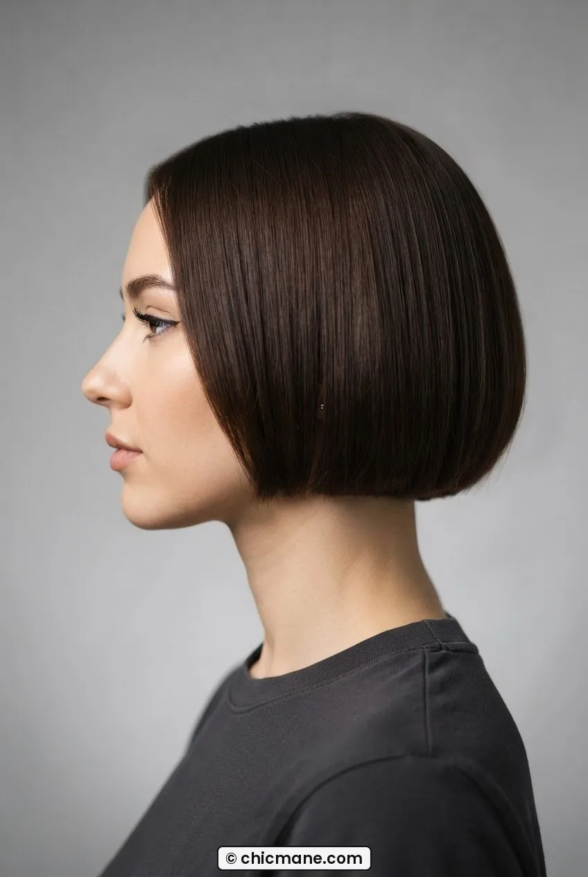 Woman with chin-length rounded bob in rich chocolate brown, smooth blunt perimeter photographed in bright even light