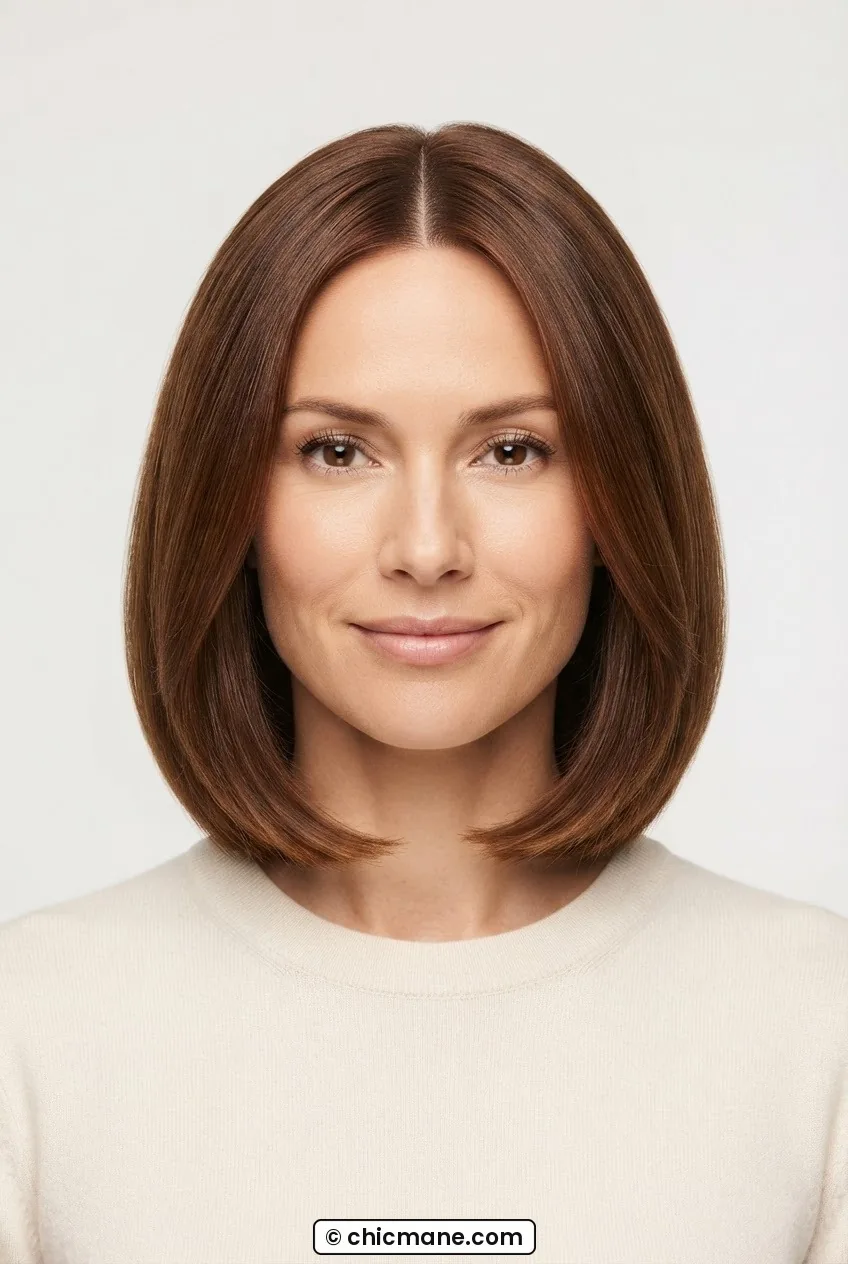 Woman with rounded chestnut lob showing curved perimeter longer at front than at back