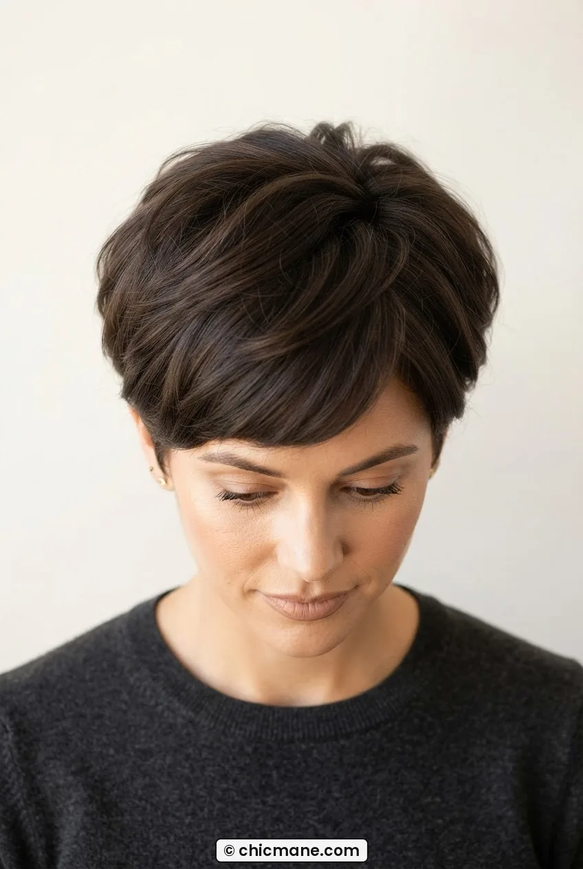 Rounded pixie cut seen from slightly above showing full crown volume and width on sides against plain white backdrop