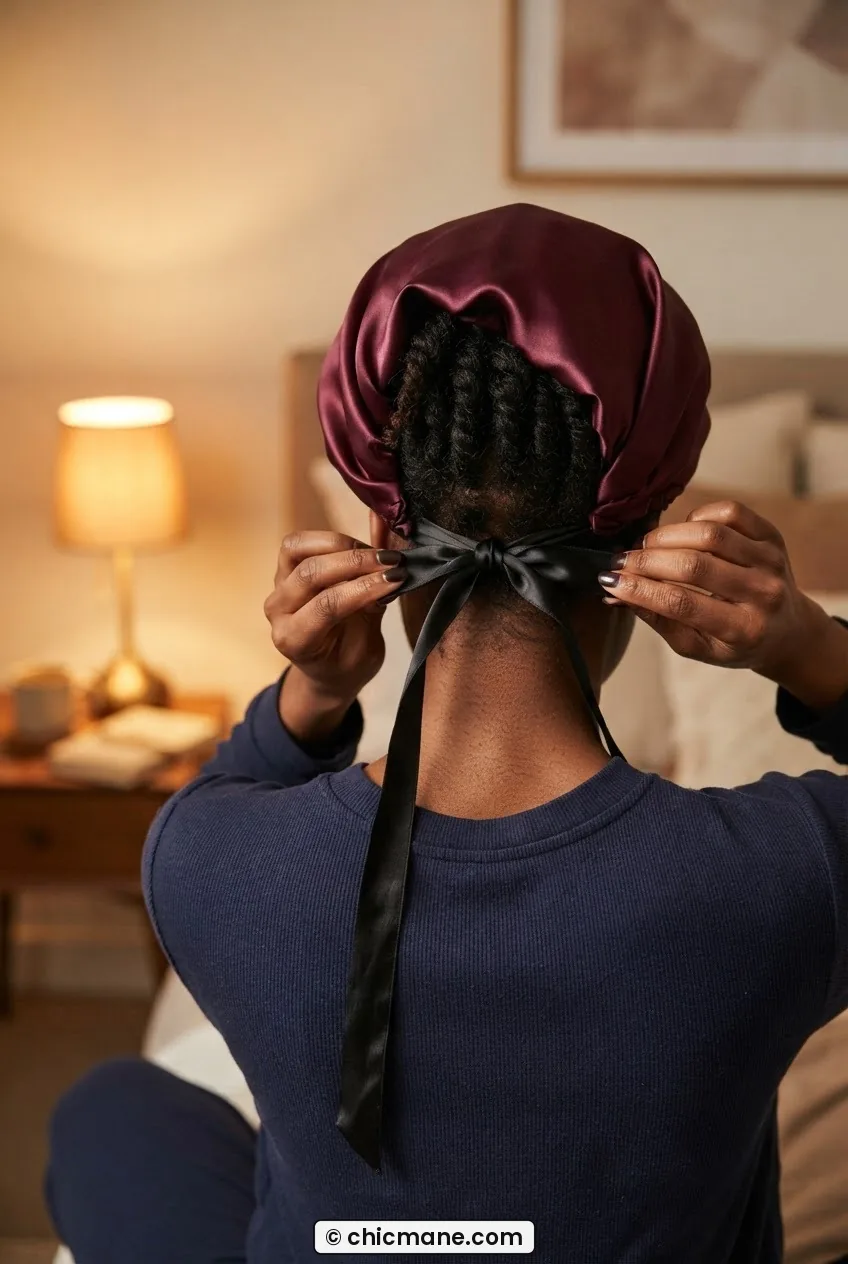 Back view of woman tying satin bonnet over fully twisted natural hair in warm amber bedroom lighting
