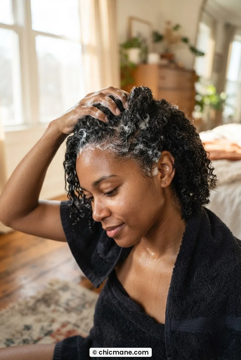 Woman massaging clarifying shampoo into scalp sections on soaking-wet 4C coily hair with visible lather near the roots