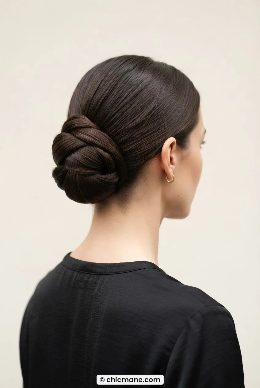 Woman with a sculptural asymmetric low bun pinned at the nape showing defined architectural shape in soft light