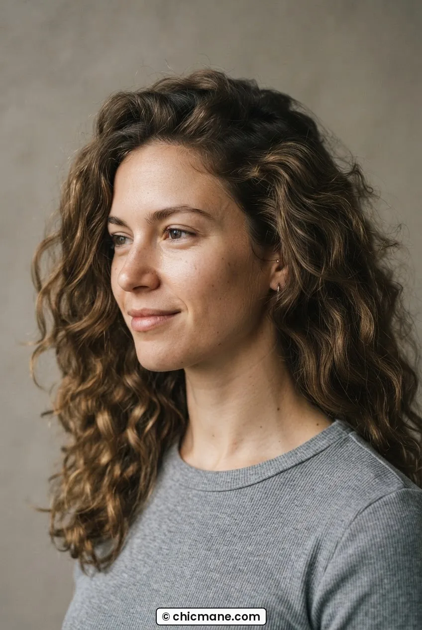 Woman with richly textured second-day waves and visible curl structure showing authentic natural shine