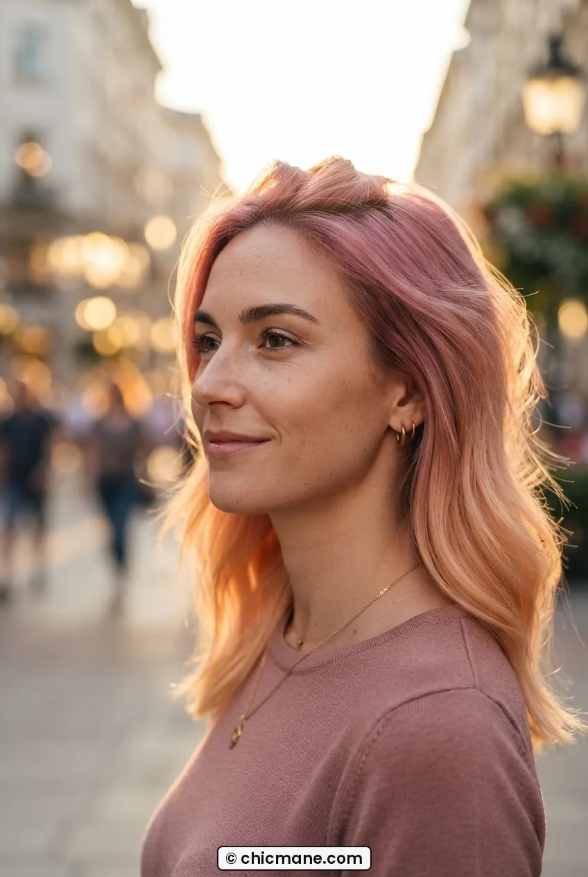 Woman with beautifully settled dusty rose pink hair fading to peachy blonde ends in warm golden hour light
